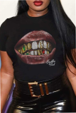 Black Casual Street Lips Print O Neck T-Shirts