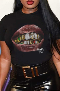 Black Casual Street Lips Print O Neck T-Shirts