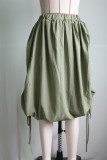 Army Green Casual Solid Color Draw String Patchwork Loose High Waist Patchwork Bottoms