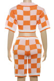 Orange Casual Colorblock Draw String Pocket Buttons Patchwork Turndown Collar Half Sleeve Two Pieces