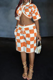 Orange Casual Colorblock Draw String Pocket Buttons Patchwork Turndown Collar Half Sleeve Two Pieces