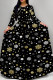 Black Elegant Print Patchwork Strap Design O Neck Long Dresses