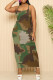 Brown Green Casual Print Patchwork Backless Spaghetti Strap Sling Dresses