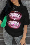Black Casual Street Lips Print O Neck T-Shirts