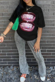 Black Casual Street Lips Print O Neck T-Shirts