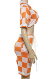 Orange Casual Colorblock Draw String Pocket Buttons Patchwork Turndown Collar Half Sleeve Two Pieces