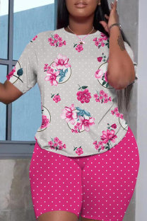 Light Gray Casual Floral Print Basic O Neck Short Sleeve Two Pieces
