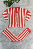 Orange Casual Daily Stripe Buttons Weave Contrast V Neck Long Sleeve Two Pieces