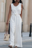White Casual Stripe Draw String Pocket Buckle Patchwork O Neck Sleeveless Two Pieces