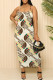 Beige Sexy Street Letter Print Patchwork Contrast U Neck Printed Dresses