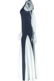 Black White Elegant Patchwork Contrast O Neck Long Dresses