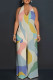Light Color Casual Street Colorblock Striped Print Lace Up Backless Contrast Halter Loose Jumpsuits
