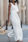 White Casual Stripe Draw String Pocket Buckle Patchwork O Neck Sleeveless Two Pieces