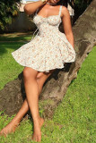 Apricot Sexy Print Patchwork Backless Strap Design Spaghetti Strap A Line Dresses
