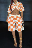 Orange Casual Colorblock Draw String Pocket Buttons Patchwork Turndown Collar Half Sleeve Two Pieces