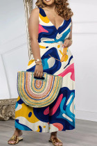 Blue White Casual Print Patchwork V Neck Loose Jumpsuits