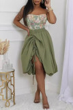 Army Green Casual Solid Color Draw String Patchwork Loose High Waist Patchwork Bottoms