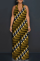 Yellow Casual Street Colorblock Striped Print Lace Up Backless Contrast Halter Loose Jumpsuits