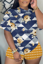 Tibetan Blue Casual Floral Print Basic O Neck Short Sleeve Two Pieces