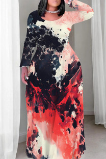Black Red Elegant Print Patchwork O Neck Long Plus Size Dresses