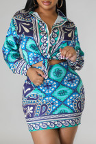 Blue Casual Print Buckle Patchwork Turndown Collar Long Sleeve Two Pieces
