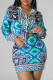 Blue Casual Print Buckle Patchwork Turndown Collar Long Sleeve Two Pieces