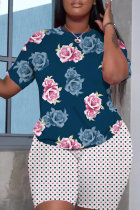 Deep Blue Casual Floral Print Basic O Neck Short Sleeve Two Pieces