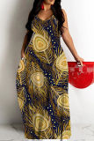 Blue Sexy Casual Print Backless Spaghetti Strap Long Dresses