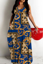 Deep Blue Sexy Casual Print Backless Spaghetti Strap Long Dresses
