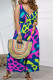 Blue Purple Casual Print Patchwork V Neck Loose Jumpsuits
