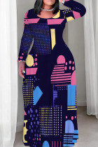 Tibetan Blue Elegant Print Patchwork O Neck Long Plus Size Dresses