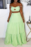 Light Green Sexy Casual Solid Color Hollow Out Backless Spaghetti Strap Sleeveless Two Pieces