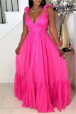 Red Sexy Casual Solid Color Backless Cross Straps Deep V Neck Long Dresses