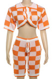Orange Casual Colorblock Draw String Pocket Buttons Patchwork Turndown Collar Half Sleeve Two Pieces