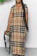 Khaki Casual Street Plaid Print Pocket Contrast V Neck Printed Dresses
