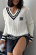 White Casual Daily Letters Weave Contrast V Neck Tops