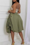Army Green Casual Solid Color Draw String Patchwork Loose High Waist Patchwork Bottoms