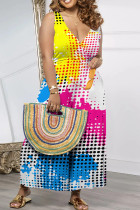 Multicolor Casual Print Patchwork V Neck Loose Jumpsuits