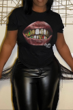 Black Casual Street Lips Print O Neck T-Shirts