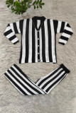 Orange Casual Daily Stripe Buttons Weave Contrast V Neck Long Sleeve Two Pieces