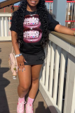 Black Casual Street Lips Print O Neck T-Shirts