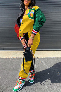 Black yellow Fashion Casual Patchwork Patchwork Cardigan Long Sleeve Regular Sleeve Regular Two Pieces