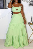 Light Green Sexy Casual Solid Color Hollow Out Backless Spaghetti Strap Sleeveless Two Pieces