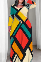 Multicolor Elegant Print Patchwork O Neck Long Plus Size Dresses