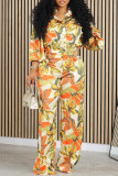 Yellow Casual Print Buckle Buttons Patchwork Turndown Collar Long Sleeve Two Pieces