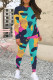 Greenish Yellow Casual Print Patchwork O Neck Long Sleeve Two Pieces