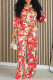 Red Casual Print Buckle Buttons Patchwork Turndown Collar Long Sleeve Two Pieces