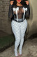 White Casual Geometric Print Patchwork See-Through Bow Decor O Neck Long Sleeve Two Pieces