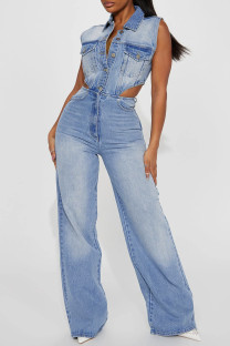 Light Blue Casual Solid Color Ripped Hollow Out Turndown Collar Bodycon Jumpsuits