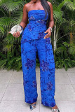Blue Casual Print Patchwork Backless Strapless Sleeveless Two Pieces